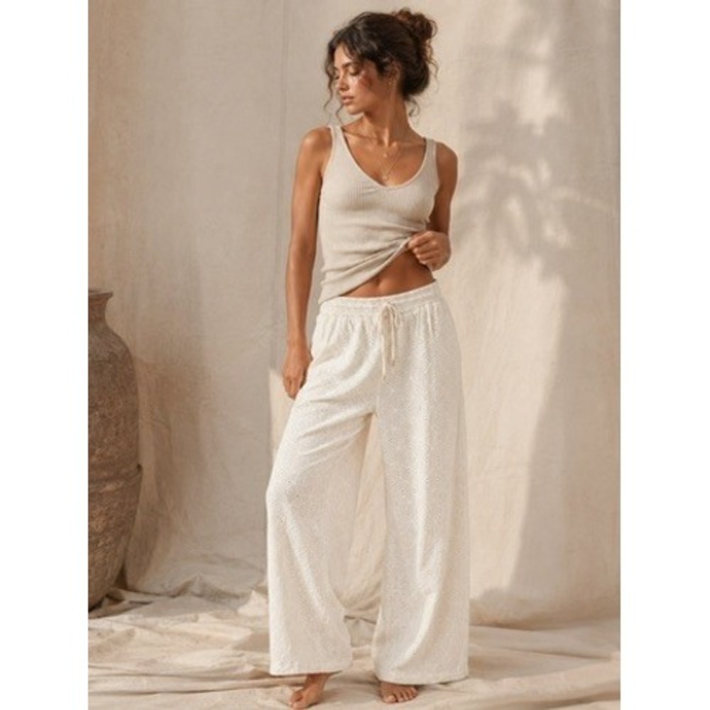 MNK Womens XL Cream Cotton Eyelet Wide Leg Drawstring Pants Lined Boho Summer